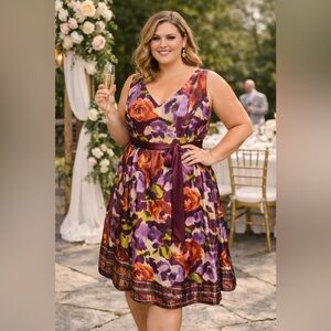 Adrianna Papell Silk Blend Floral Cocktail Dress Purple Burgundy Fit Flare 14W